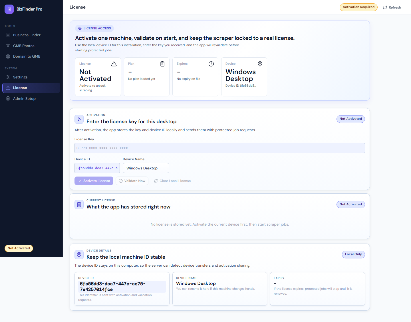 BizFinder Pro application interface — license and activation