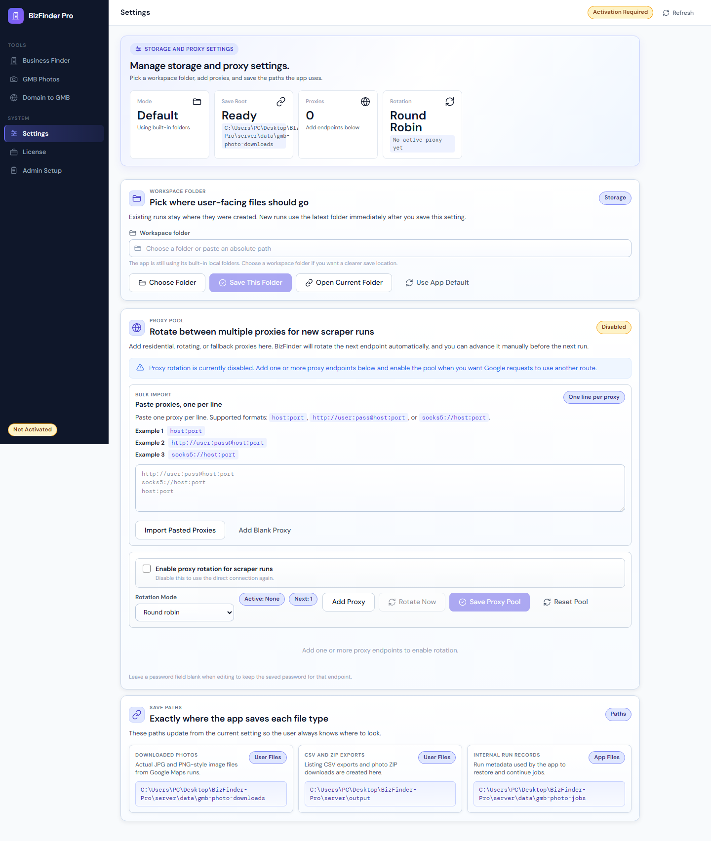 BizFinder Pro settings and proxy configuration for Google Maps scraping